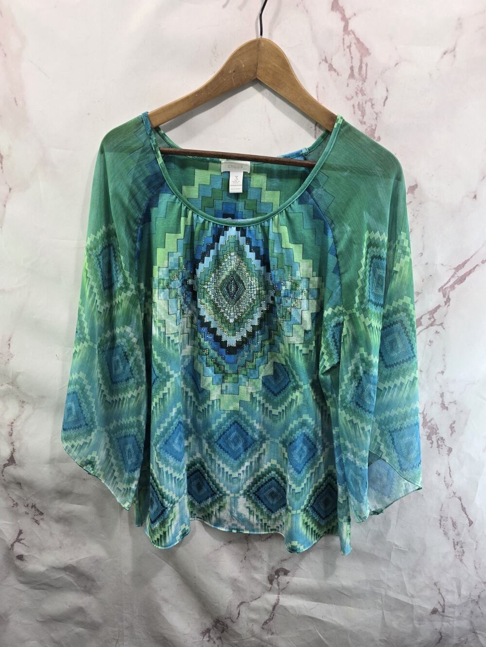 Chicos Shirt Womens 3 XL Green Blue Blouse Flared Sleeve Gem Jewel